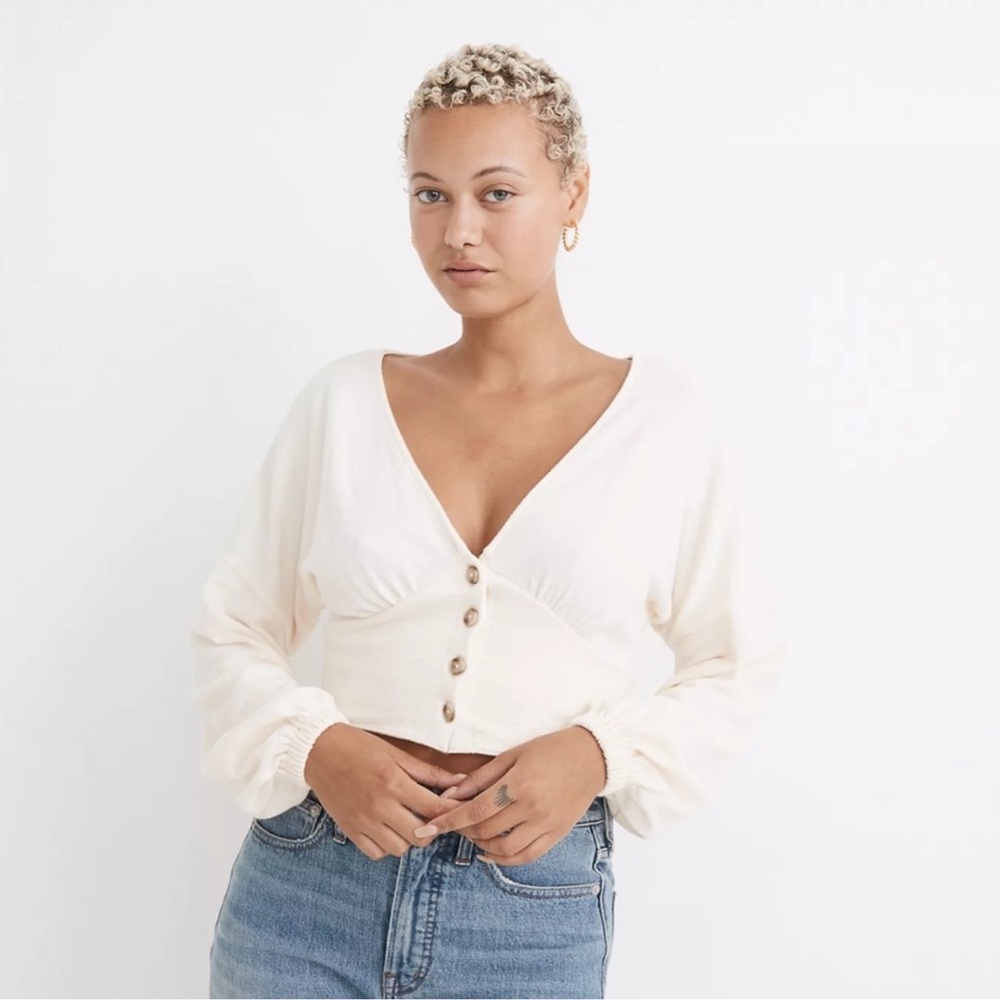 Madewell Button Front V-Neck Cotton Long Sleeve Crop Top Festival Cabincore